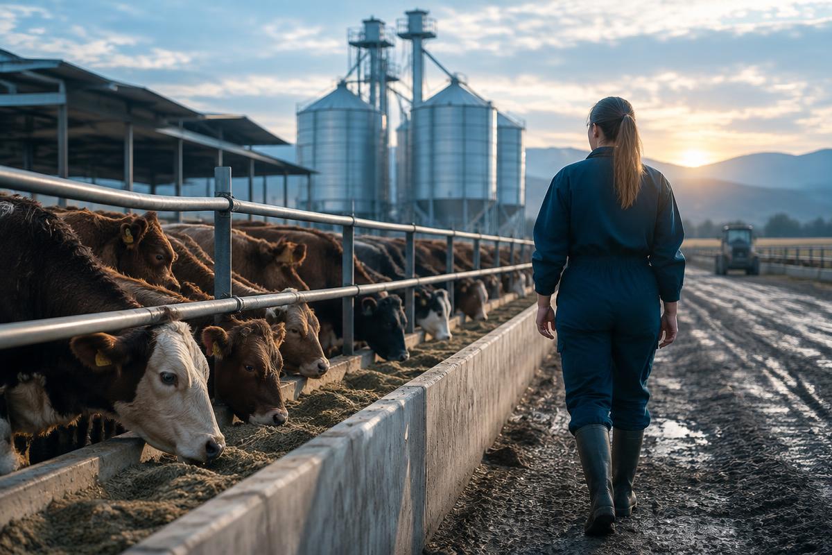 Livestock operations professional walking alongside cattle and feed infrastructure