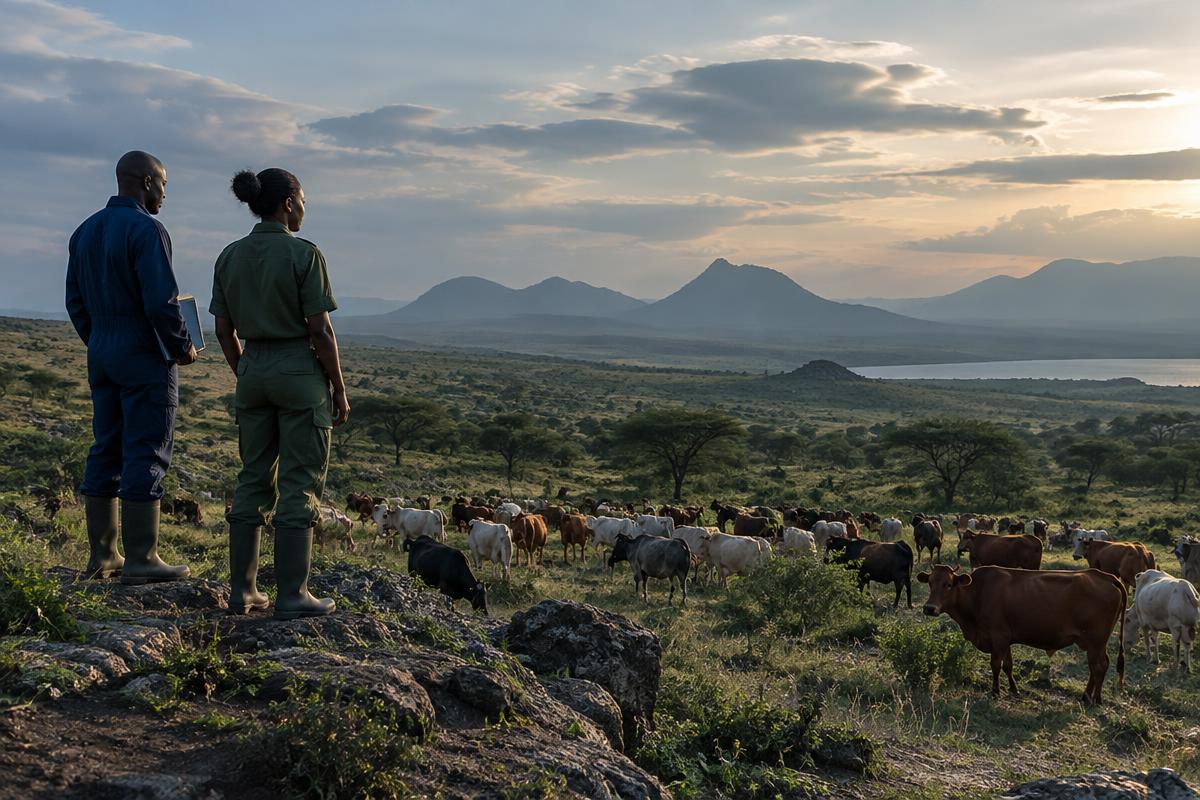 Livestock officers surveying a cattle herd and regional landscape